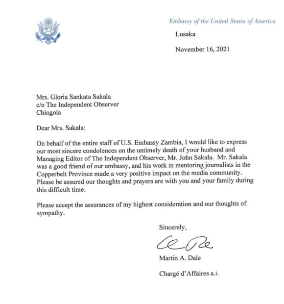  Message of Condolences to from the American embassy